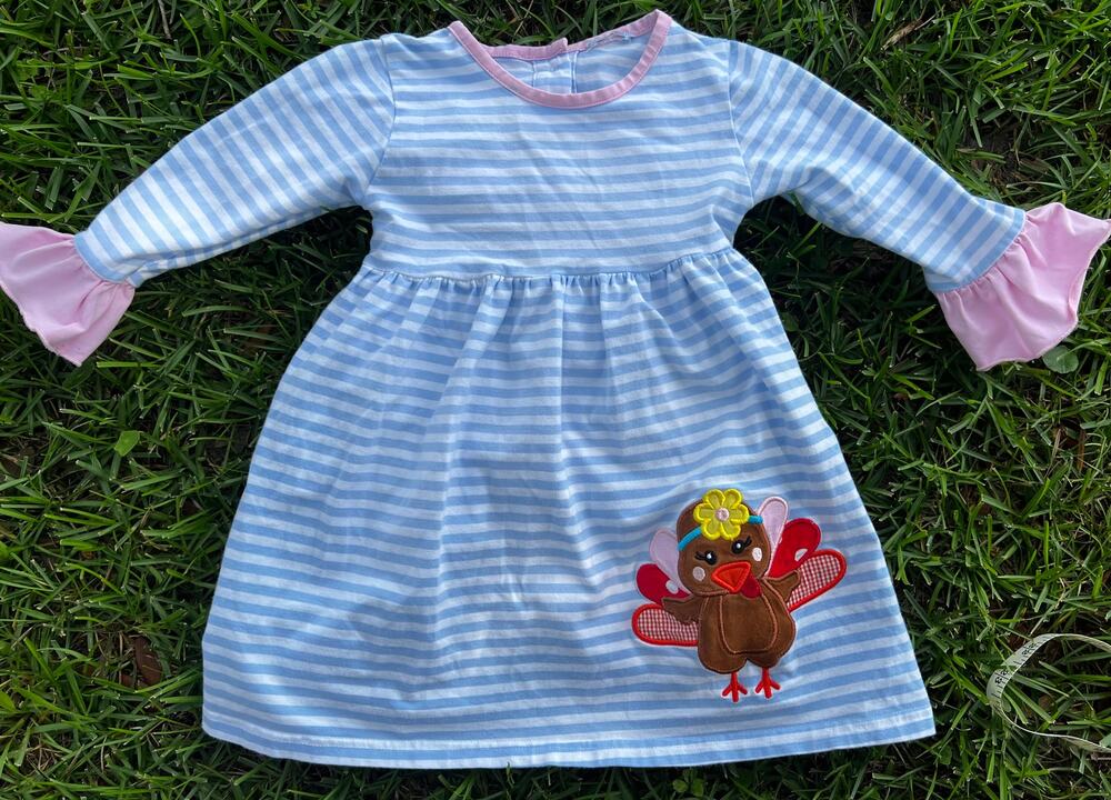 Baby Girls Thanksgiving Turkey Stripe Dress Pink Ruffle Sleeves 6-12M